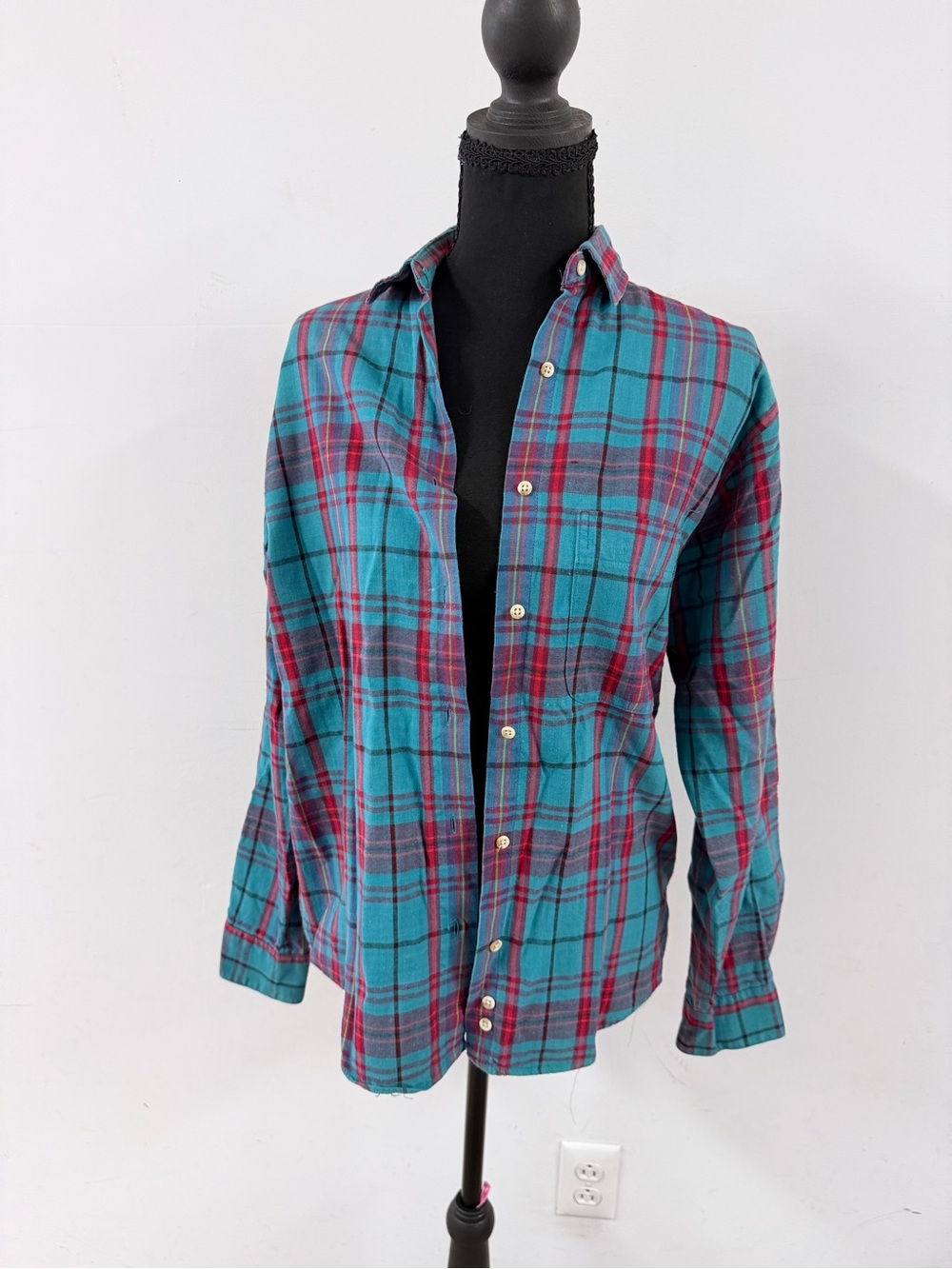 L.L. Bean Teal Plaid Button-Up Shirt with Burgundy and Navy Stripes